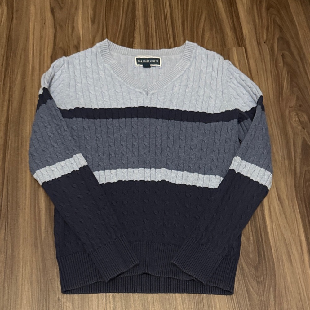 Karen Scott Navy and Gray Striped Crewneck Sweater